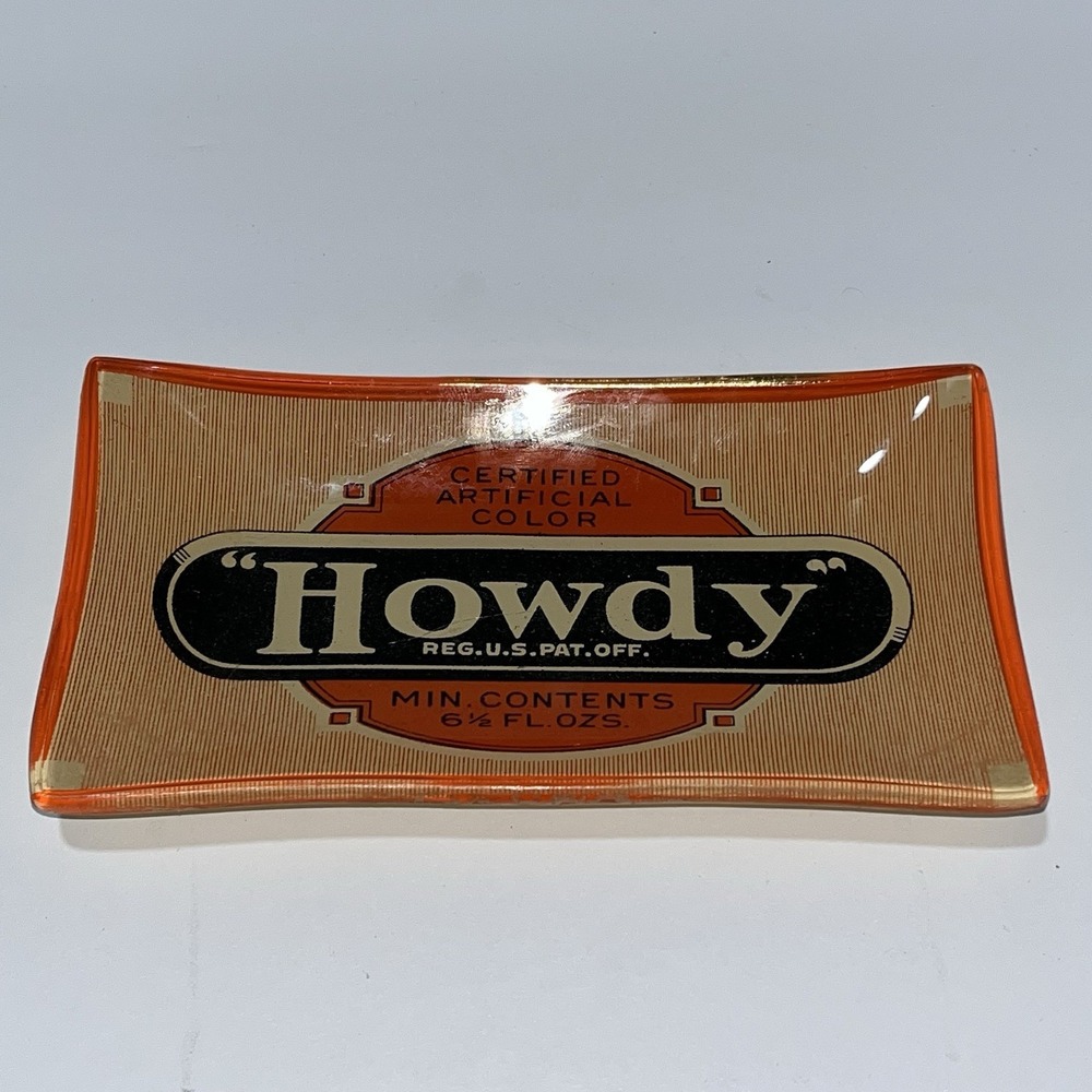 TWO'S COMPANY VINTAGE LABELS Howdy Rectangle Glass Tray Dish RARE